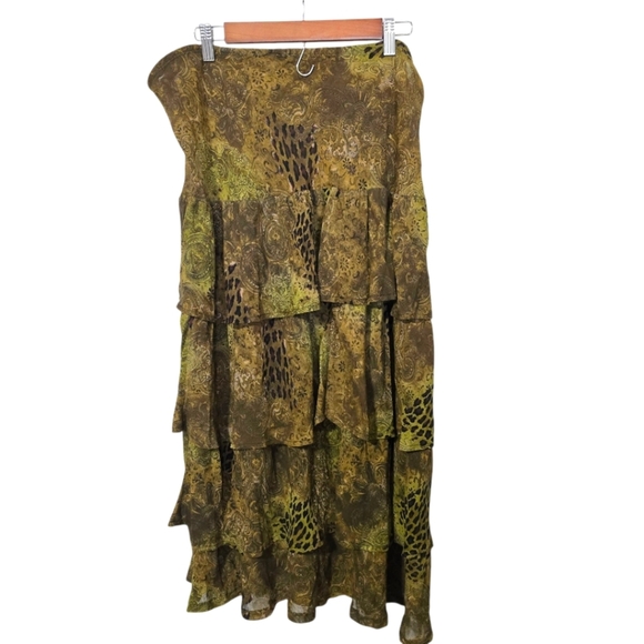 Vintage 90s Elegant Tiered Skirt in Olive Green Leopard Print Paisley Floral - Picture 8 of 8